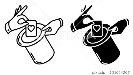 Line icon. Hands of an illusionist hide a playing card behind a magic hat while performing a circus trick. Simple black and white vector isolated on white background 131634267