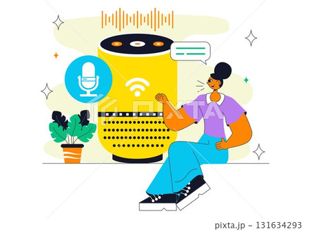 Voice Assistant Smart Devices Illustration Featuring Voice-Activated Digital Technology for Enhancing User Interaction Through Speech Recognition 131634293