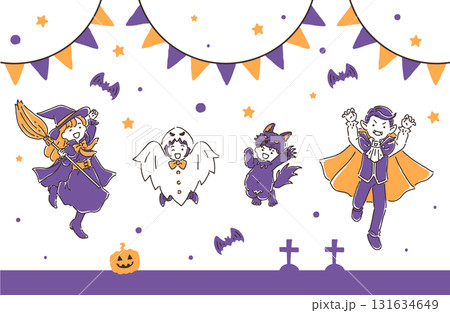 ジャンプしているハロウィンの仮装をした家族セット ジャンプしているハロウィンの仮装をした家族セット 131634649