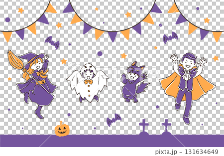 ジャンプしているハロウィンの仮装をした家族セット ジャンプしているハロウィンの仮装をした家族セット 131634649