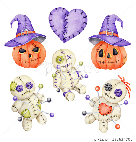 Halloween clipart with stitched voodoo dolls, pumpkins, purple felt heart and sewing pins in watercolor illustration, hand drawn set for party invitations, stickers, scrapbooking, textile and crafts. 131634706