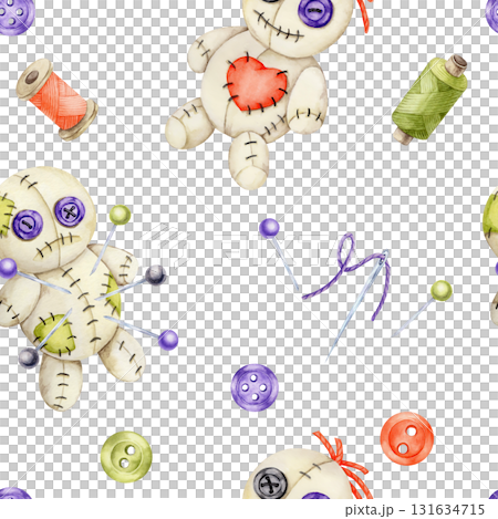 Halloween stitched dolls with purple buttons, green spools, orange pumpkins and needles in watercolor illustration, hand drawn seamless pattern for party decor, wrapping paper, fabric design and 131634715