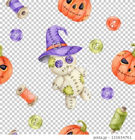 Halloween doll in purple witch hat, pumpkins, sewing buttons and threads in watercolor illustration, hand drawn seamless pattern for fabric design, packaging, stationery, digital papers and textiles. Halloween doll in purple witch hat, pumpkins, sewing buttons and threads in watercolor illustration, hand drawn seamless pattern for fabric design, packaging, stationery, digital papers and textiles. 131634761