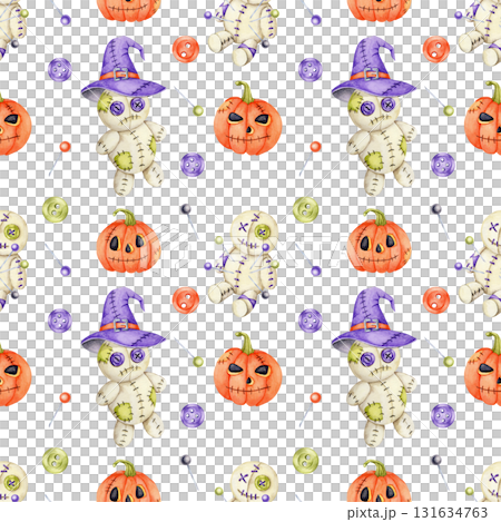 Stitched doll with purple hat, pumpkins, sewing threads and buttons in watercolor illustration, hand drawn seamless pattern for Halloween fabric, wrapping paper, cards, digital paper and invitations. Stitched doll with purple hat, pumpkins, sewing threads and buttons in watercolor illustration, hand drawn seamless pattern for Halloween fabric, wrapping paper, cards, digital paper and invitations. 131634763