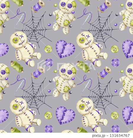 Halloween stitched dolls, purple felt hearts, sewing thread and buttons in watercolor illustration, hand drawn seamless pattern perfect for fabric design, scrapbook papers, packaging and invitations. Halloween stitched dolls, purple felt hearts, sewing thread and buttons in watercolor illustration, hand drawn seamless pattern perfect for fabric design, scrapbook papers, packaging and invitations. 131634767