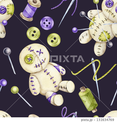 Voodoo doll in beige with green buttons, purple spools, pins and stitches in watercolor illustration, hand drawn seamless pattern for Halloween fabric, textile print, packaging or wrapping paper. 131634769