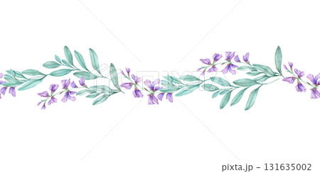 Horizontal floral border of purple sage blossoms with teal leaves, hand drawn watercolor clipart. Perfect for invitations, greeting cards, decorative stationery, packaging, and fabric prints. Horizontal floral border of purple sage blossoms with teal leaves, hand drawn watercolor clipart. Perfect for invitations, greeting cards, decorative stationery, packaging, and fabric prints. 131635002