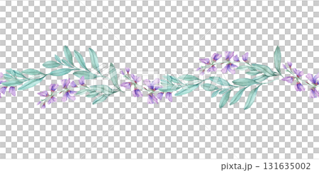 Horizontal floral border of purple sage blossoms with teal leaves, hand drawn watercolor clipart. Perfect for invitations, greeting cards, decorative stationery, packaging, and fabric prints. Horizontal floral border of purple sage blossoms with teal leaves, hand drawn watercolor clipart. Perfect for invitations, greeting cards, decorative stationery, packaging, and fabric prints. 131635002