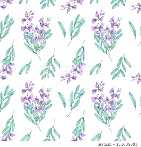 Botanical watercolor clipart of purple sage flowers with teal leaves, hand drawn sprig. Great for greeting cards, invitations, labels, posters, stickers, and decorative design projects. Botanical watercolor clipart of purple sage flowers with teal leaves, hand drawn sprig. Great for greeting cards, invitations, labels, posters, stickers, and decorative design projects. 131635003