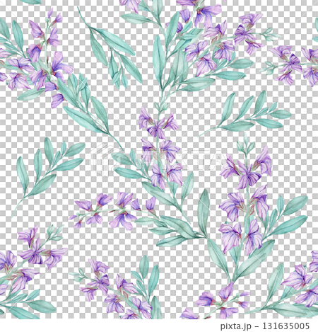 Purple sage flowers with teal leaves seamless floral design, watercolor clipart, hand drawn. Excellent for wrapping paper, textiles, packaging, digital patterns, and wedding stationery. 131635005