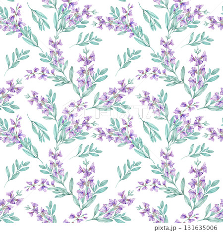 Purple sage flowers and teal green foliage seamless pattern, hand drawn watercolor clipart. Suitable for fabric printing, packaging, digital scrapbooking, wallpaper, and invitations. Purple sage flowers and teal green foliage seamless pattern, hand drawn watercolor clipart. Suitable for fabric printing, packaging, digital scrapbooking, wallpaper, and invitations. 131635006
