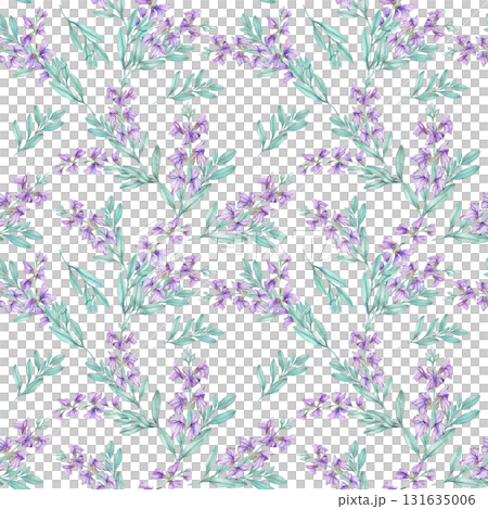 Purple sage flowers and teal green foliage seamless pattern, hand drawn watercolor clipart. Suitable for fabric printing, packaging, digital scrapbooking, wallpaper, and invitations. 131635006