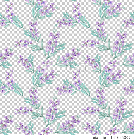 Botanical seamless pattern with violet sage flowers and teal green leaves, watercolor clipart, hand drawn. Great for fabric design, wrapping paper, stationery, wallpaper, and packaging. 131635007