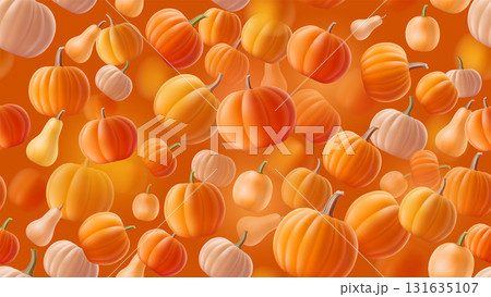 Seamless pattern with flying pumpkin on orange background. Autumn 3D squash illustration with shadow for Halloween banner, wallpaper. Vector texture with falling volumetric gourd Seamless pattern with flying pumpkin on orange background. Autumn 3D squash illustration with shadow for Halloween banner, wallpaper. Vector texture with falling volumetric gourd 131635107