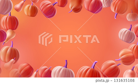 Vector frame with flying pumpkin and copy space. Horizontal editable squash template with place for your text. Autumn 3D gourd illustration with shadow for background, wallpaper, halloween banner Vector frame with flying pumpkin and copy space. Horizontal editable squash template with place for your text. Autumn 3D gourd illustration with shadow for background, wallpaper, halloween banner 131635108