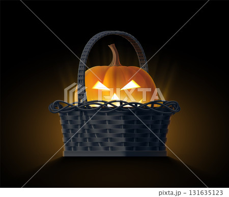 Burning jack-o-lantern. Vector illustration of 3D wicker basket with orange glowing scary pumpkin on dark background. Isolated volumetric realistic template for greeting card, Halloween banner 131635123