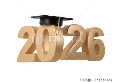 Academic achievement symbolized by graduation cap resting on golden 2026 education numerals, representing transparent background scholarly milestone 131635485