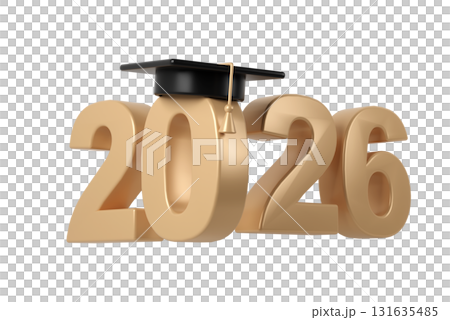 Academic achievement symbolized by graduation cap resting on golden 2026 education numerals, representing transparent background scholarly milestone Academic achievement symbolized by graduation cap resting on golden 2026 education numerals, representing transparent background scholarly milestone 131635485