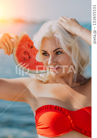 Woman Watermelon Beach Summer: Red Bikini, Smiling, Holds Watermelon Slice, Coastal Vacation, Sunny Day Woman Watermelon Beach Summer: Red Bikini, Smiling, Holds Watermelon Slice, Coastal Vacation, Sunny Day 131635531