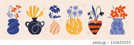 Doodle style vase set with flower arrangements 131635533