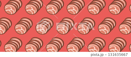 Seamless meat and bacon pattern for cafes, butcher shops, restaurants, and culinary branding. Food illustration for menus, packaging, and advertising materials 131635667