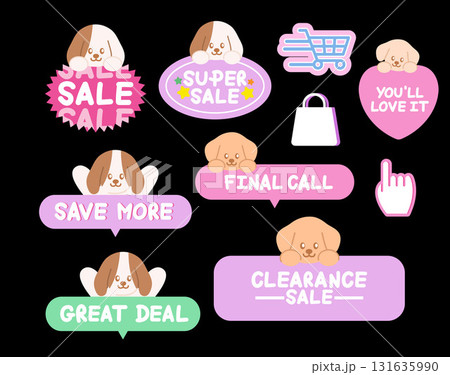 Cute puppy sale icons such as super sale, clearance sale, great deal for online shopping, promotion, sticker, banner, discount, web button, campaign badge, brochure, price tag, animal, pet shop, dogs 131635990