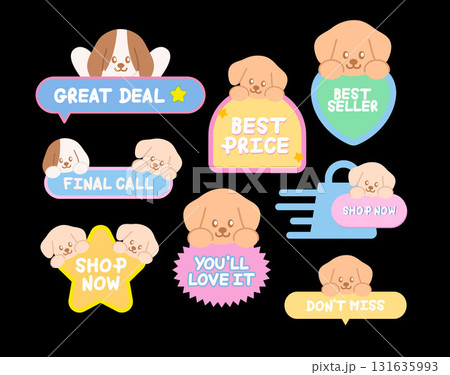 Cute puppy sale icons such as great deal, best price, shop now, final call for online shopping, promotion, sticker, banner, discount, web button, campaign badge, brochure, price tag, animal, pet shop 131635993