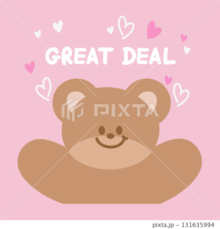 Cute illustration of teddy bear, GREAT DEAL letter, hearts on pastel pink background for online shopping, promotion, banner, special price, discount, campaign, ad template, wallpaper, poster, backdrop 131635994