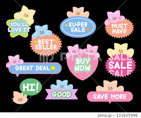 Cute cat sale icons such as super sale, must have, buy now, good, you'll love it for online shopping, promotion, sticker, banner, discount, web button, campaign, brochure, price tag, animal, pet shop 131635998
