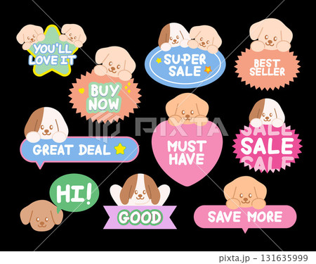 Cute puppy sale icons such as must have, best seller, great deal for online shopping, promotion, sticker, banner, discount, web button, campaign badge, brochure, price tag, animal, pet shop, dogs 131635999