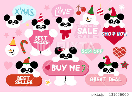 Cute Christmas sale icons such as best price, buy me, best seller, shop now with panda, snowman for online shopping, promotion, sticker, banner, special price, discount, button, campaign, ads, tags Cute Christmas sale icons such as best price, buy me, best seller, shop now with panda, snowman for online shopping, promotion, sticker, banner, special price, discount, button, campaign, ads, tags 131636000