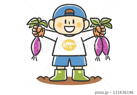 さつまいもを収穫する帽子をかぶった男の子 131636196