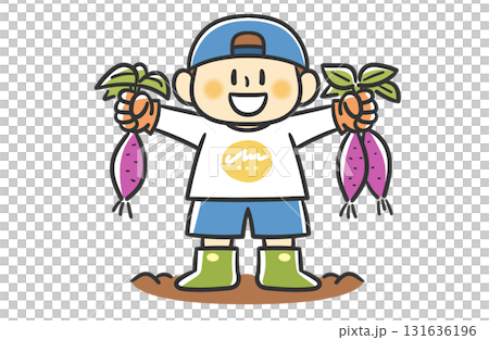さつまいもを収穫する帽子をかぶった男の子 131636196