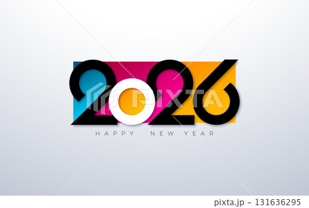 Happy New Year 2026 Logo Design with Paper Cutting Number and Colorful Elements on White Background. Christmas Holiday Greeting Card Illustration with Typography Lettering for Calendar, Flyer, Banner 131636295
