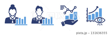 Flat Icons of Essential Business and Market Trend Concepts. Includes concepts like digital transformation, remote work, e-commerce growth. 131636355