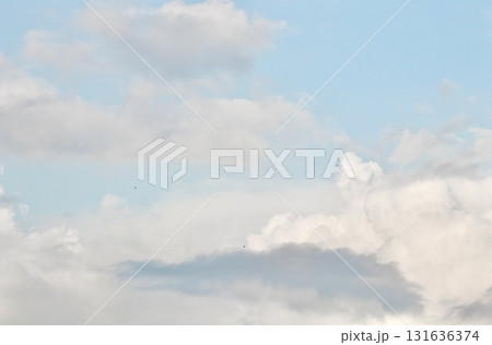 A mix of dark grey storm clouds and bright white cumulus formations against a pale blue sky, showing the transition of weather and dramatic atmospheric contrast. 131636374