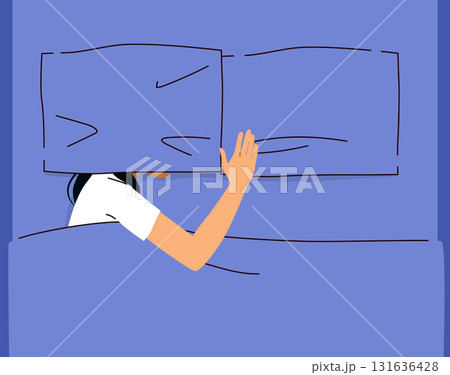 Person Sleeping on Bed With Pillow Over Head Cartoon Vector Illustration Symbolizing Nightmares 131636428