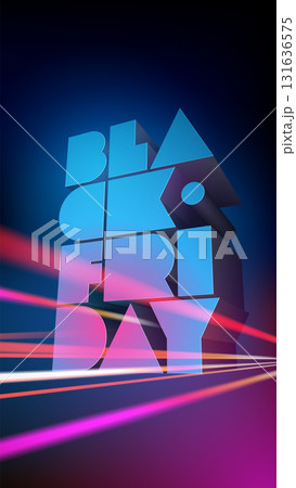 Vector illustration with volumetric letters BLACK FRIDAY on background of night city with slow shutter speed. Vertical template for poster, banner, flyer, business, advertising, shop, discount, card. 131636575