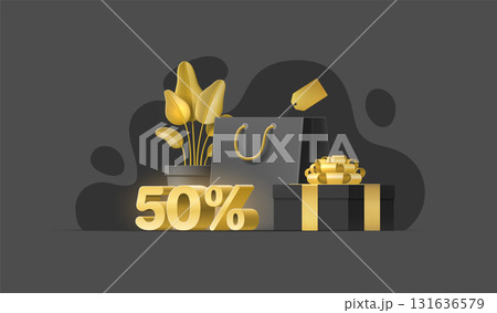 Special offer fifty percent discount. Set of realistic 3D objects for sale banner, shop, flyer, social media, website. Vector illustration with plant, shopping bag, price tag, gift box, gold ribbon. Special offer fifty percent discount. Set of realistic 3D objects for sale banner, shop, flyer, social media, website. Vector illustration with plant, shopping bag, price tag, gift box, gold ribbon. 131636579