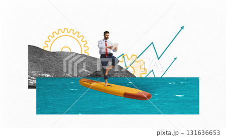 Digital composition. Businessman practicing balance on paddleboard with tablet over sea and growth chart Digital composition. Businessman practicing balance on paddleboard with tablet over sea and growth chart 131636653