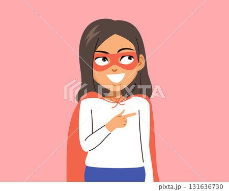 Cartoon Superhero Woman in Cape and Mask Pointing Forward on Pink Background Vector Illustration 131636730