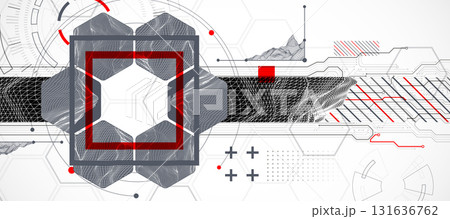 Abstract composition with wireframe mountains, geometric hexagons, dots, and lines. 131636762