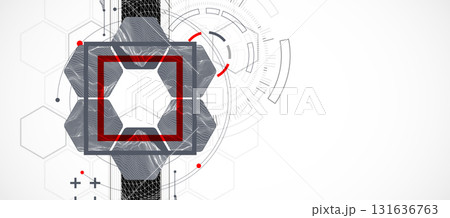 Abstract composition with wireframe mountains, geometric hexagons, dots, and lines. 131636763