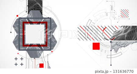 Abstract composition with wireframe mountains, geometric hexagons, dots, and lines. Abstract composition with wireframe mountains, geometric hexagons, dots, and lines. 131636770