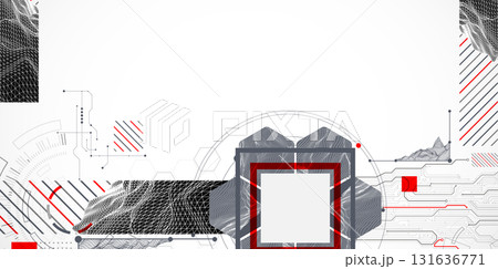 Abstract composition with wireframe mountains, geometric hexagons, dots, and lines. 131636771