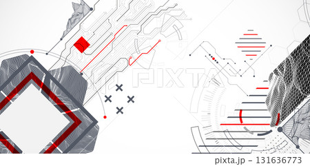 Abstract composition with wireframe mountains, geometric hexagons, dots, and lines. 131636773