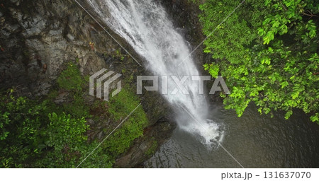 Fiji, Nadi Waterfall: close up stunning waterfall cascading down a rocky cliff, vibrant green canopy of lush rainforest. Breathtaking aerial view revealing wild nature landscape. Drone flight 131637070