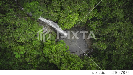 Fiji, Nadi Waterfall: mesmerizing waterfall cascading into a tranquil pond surrounded by lush jungle vegetation. Breathtaking aerial view of wild nature landscape. Drone flight zoom out 131637075