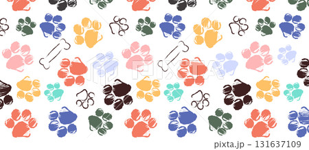Colorful Dog Paw Print And Bones Pattern Vector Illustration Background 131637109
