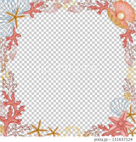 Square frame of seashell with pearl in watercolor style. Hand drawn line art with red starfish and coral in colored pencil sketch. Great for summer card template. Perfect for nautical coastal print. Square frame of seashell with pearl in watercolor style. Hand drawn line art with red starfish and coral in colored pencil sketch. Great for summer card template. Perfect for nautical coastal print. 131637124